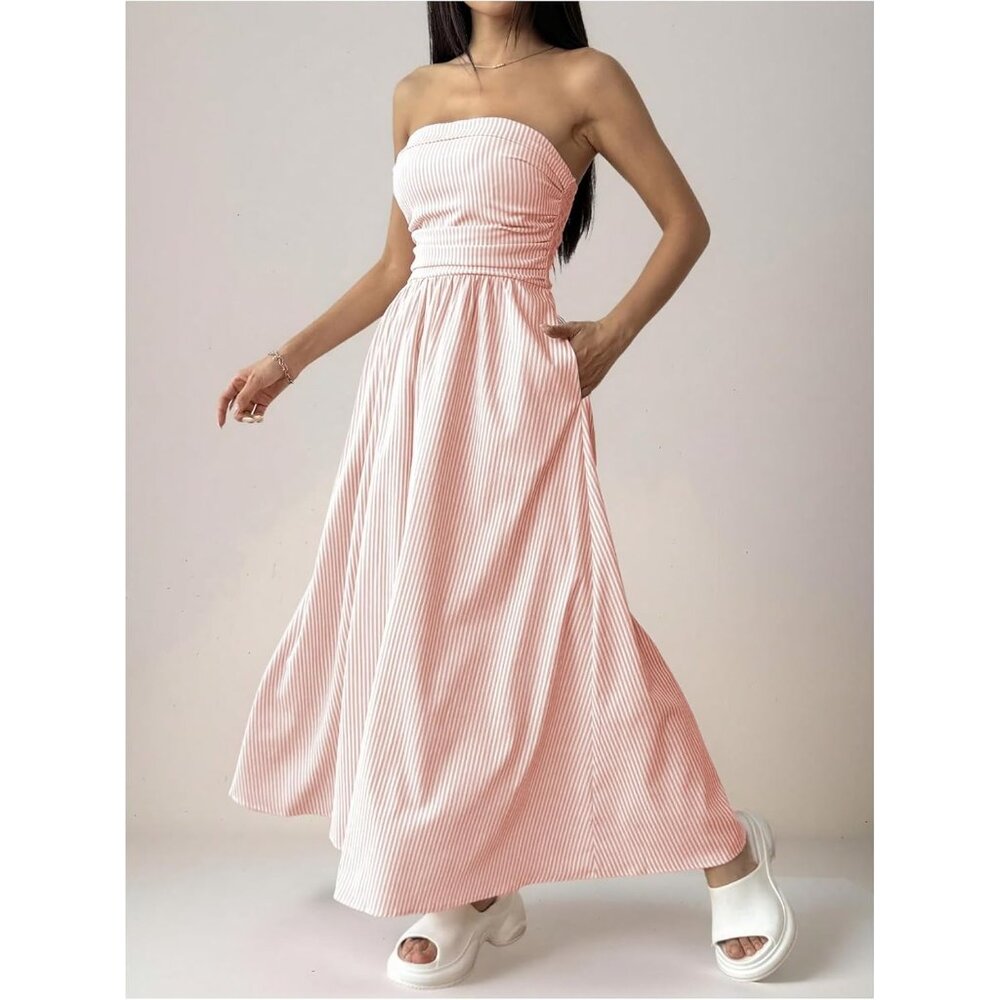 Women's Light Pink Strapless Maxi Dress Summer Tube Top Long With Pocket - Picture 5 of 5